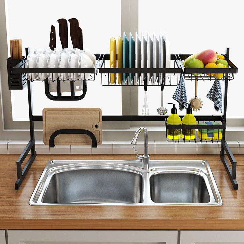 65–85 cm Adjustable Stainless Steel Dish Rack – 2-Tier U-Shape Sink Drainer with Cutlery Tray, Black