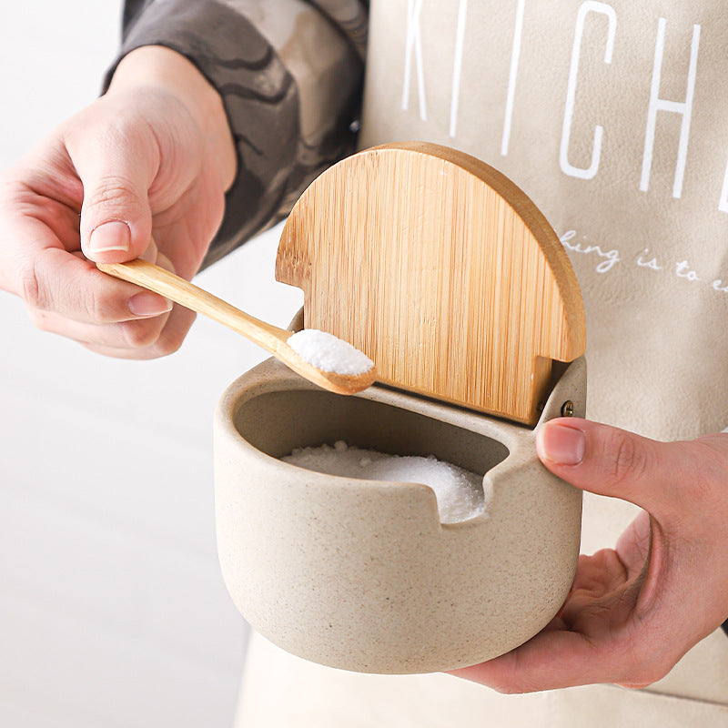 Japanese Ceramic Seasoning Jar Set – 4-Piece with Bamboo and Wood Lids, 300ml Each