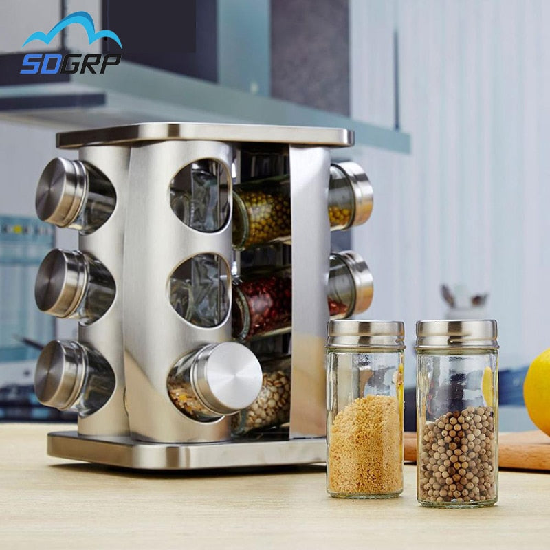 12-Piece Rotating Spice Jar Set – Stainless Steel and Glass Organizer with 360° Carousel Base and Labels