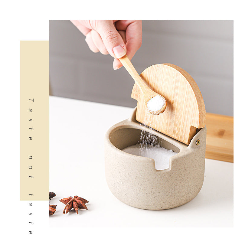 Japanese Ceramic Seasoning Jar Set – 4-Piece with Bamboo and Wood Lids, 300ml Each