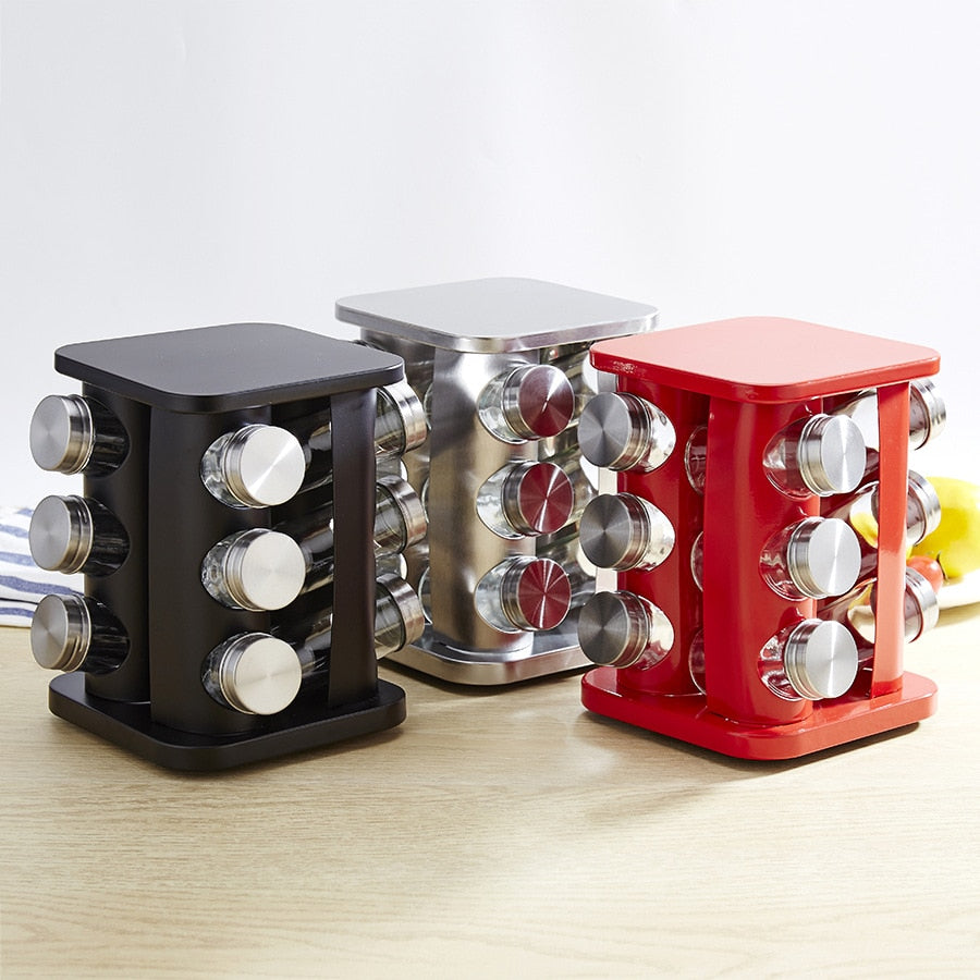 12-Piece Rotating Spice Jar Set – Stainless Steel and Glass Organizer with 360° Carousel Base and Labels