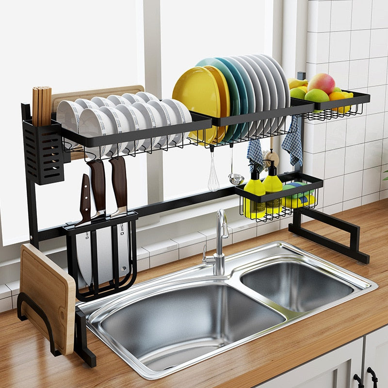 65–85 cm Adjustable Stainless Steel Dish Rack – 2-Tier U-Shape Sink Drainer with Cutlery Tray, Black