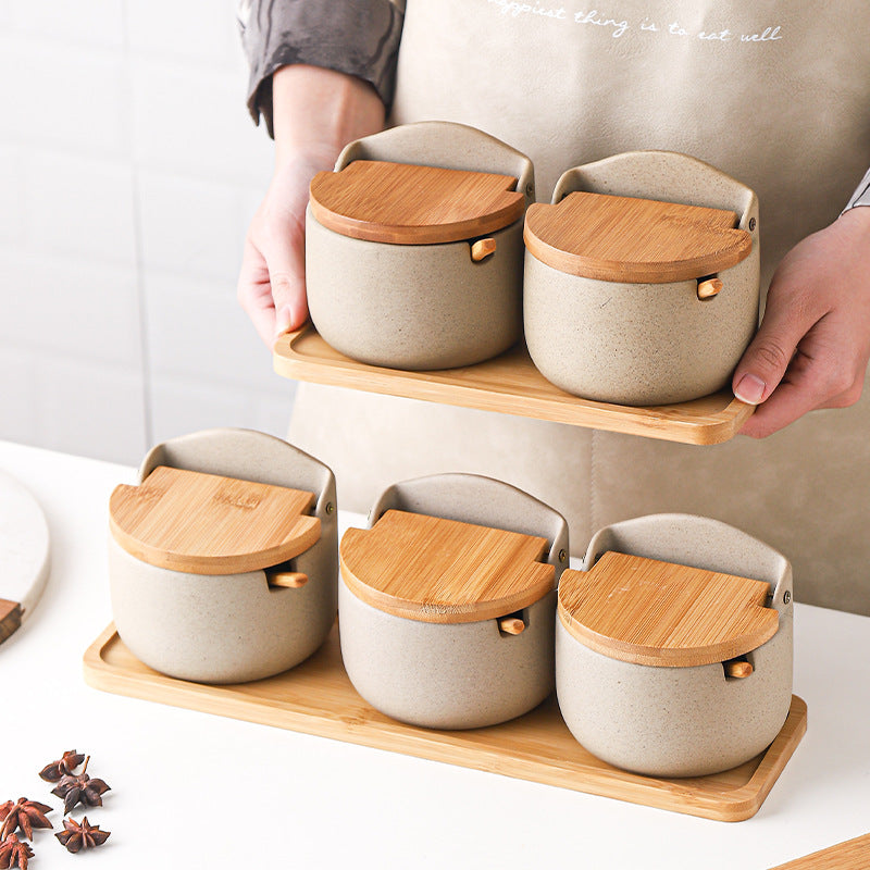 Japanese Ceramic Seasoning Jar Set – 4-Piece with Bamboo and Wood Lids, 300ml Each