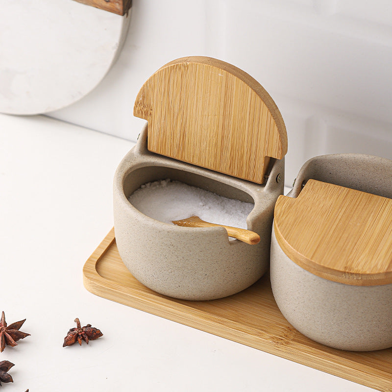 Japanese Ceramic Seasoning Jar Set – 4-Piece with Bamboo and Wood Lids, 300ml Each