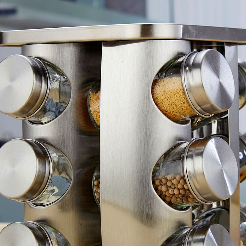 12-Piece Rotating Spice Jar Set – Stainless Steel and Glass Organizer with 360° Carousel Base and Labels