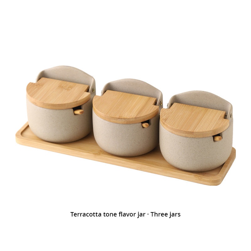Japanese Ceramic Seasoning Jar Set – 4-Piece with Bamboo and Wood Lids, 300ml Each