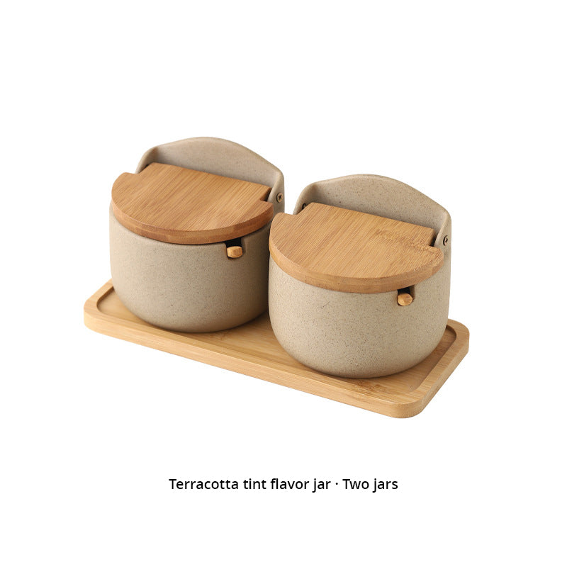 Japanese Ceramic Seasoning Jar Set – 4-Piece with Bamboo and Wood Lids, 300ml Each