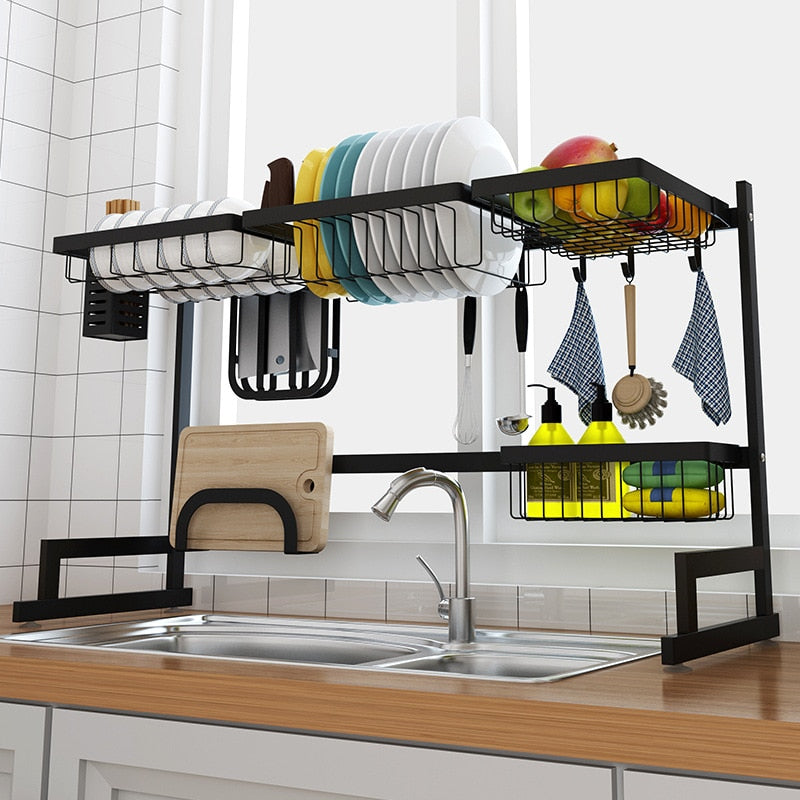 65–85 cm Adjustable Stainless Steel Dish Rack – 2-Tier U-Shape Sink Drainer with Cutlery Tray, Black