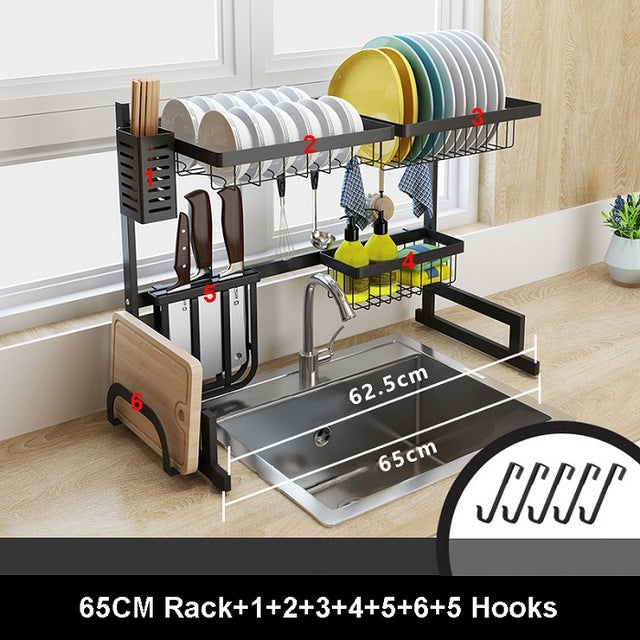 65–85 cm Adjustable Stainless Steel Dish Rack – 2-Tier U-Shape Sink Drainer with Cutlery Tray, Black