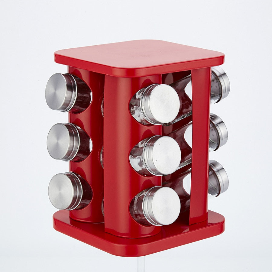 12-Piece Rotating Spice Jar Set – Stainless Steel and Glass Organizer with 360° Carousel Base and Labels