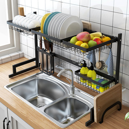 65–85 cm Adjustable Stainless Steel Dish Rack – 2-Tier U-Shape Sink Drainer with Cutlery Tray, Black