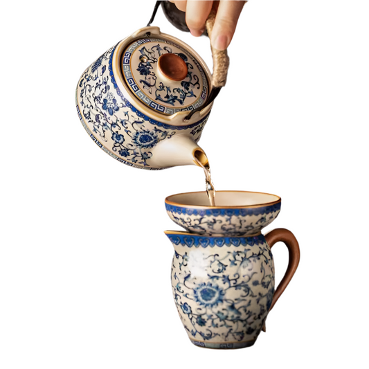 Blue and White Ru Kiln Ceramic Tea Set – Traditional Chinese Kung Fu Teapot with 4 Cups, 300ml