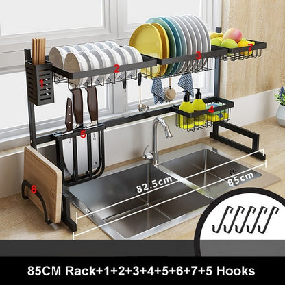 65–85 cm Adjustable Stainless Steel Dish Rack – 2-Tier U-Shape Sink Drainer with Cutlery Tray, Black