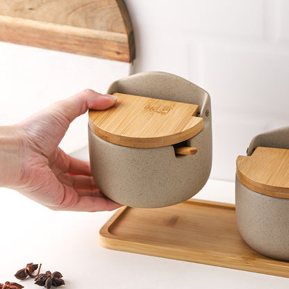 Japanese Ceramic Seasoning Jar Set – 4-Piece with Bamboo and Wood Lids, 300ml Each