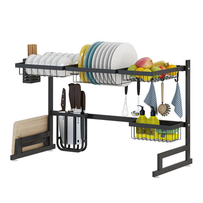 65–85 cm Adjustable Stainless Steel Dish Rack – 2-Tier U-Shape Sink Drainer with Cutlery Tray, Black