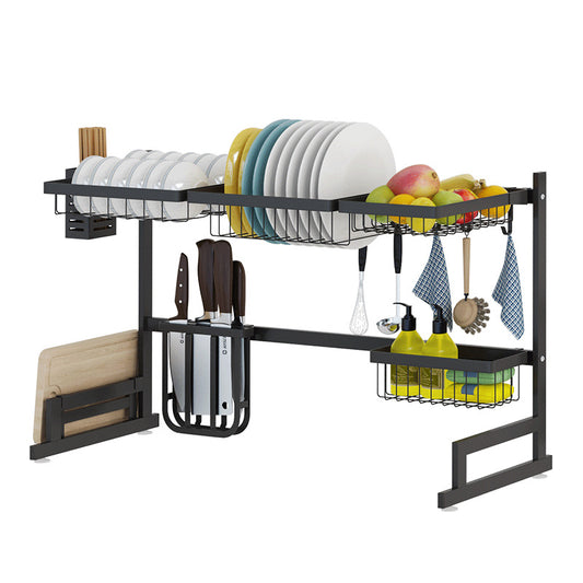 65–85 cm Adjustable Stainless Steel Dish Rack – 2-Tier U-Shape Sink Drainer with Cutlery Tray, Black