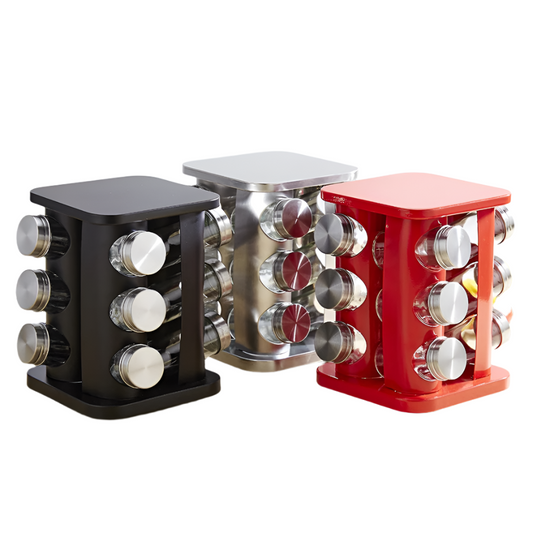 12-Piece Rotating Spice Jar Set – Stainless Steel and Glass Organizer with 360° Carousel Base and Labels