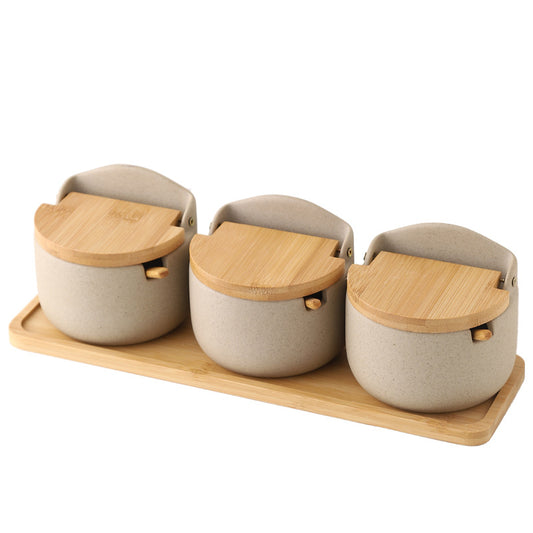 Japanese Ceramic Seasoning Jar Set – 4-Piece with Bamboo and Wood Lids, 300ml Each