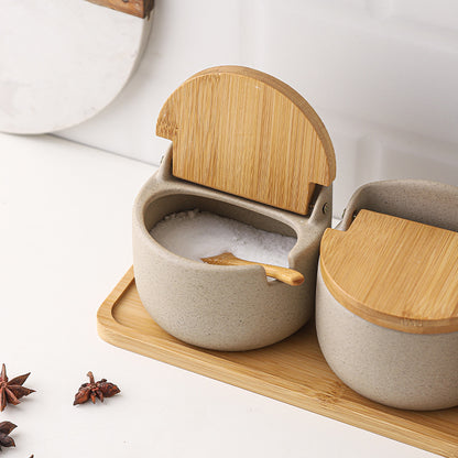 Japanese Ceramic Seasoning Jar Set – 4-Piece with Bamboo and Wood Lids, 300ml Each