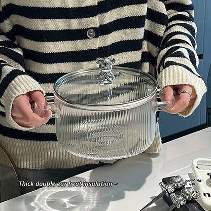 Small Bear Double-Ear Soup Bowl with Lid – 800ml Glass, Microwave-Safe