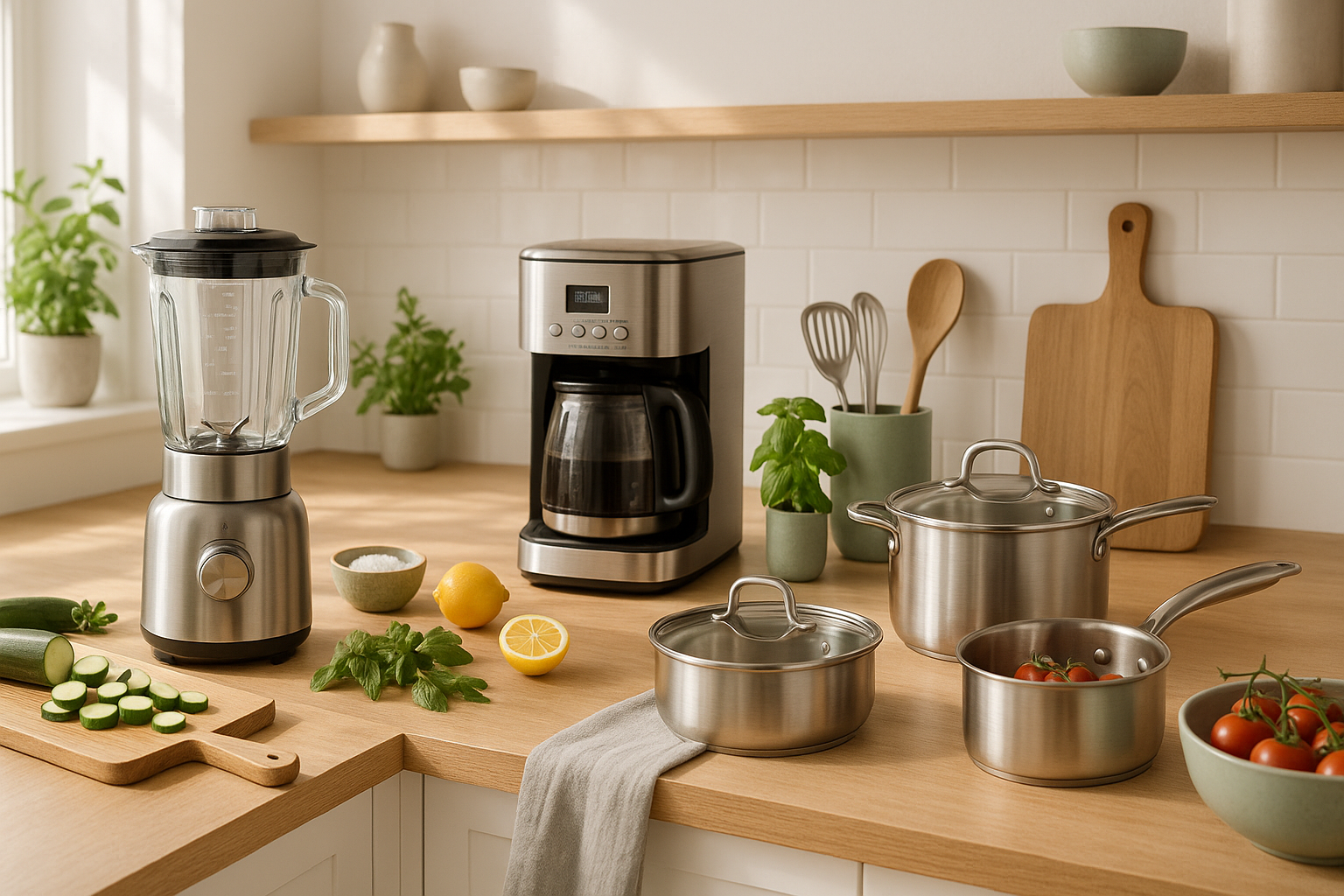 Modern, inviting kitchen scene with stylish kitchen appliances, gadgets, and cookware displayed on clean countertops; warm, natural lighting; fresh ingredients nearby; colors are neutral with accents of stainless steel, wood, and soft green; evokes innovation, quality, and home comfort.